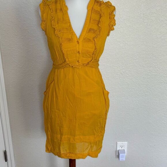 Odille x Anthropologie mustard yellow ruffled dress Sz 2 BOHO - Picture 1 of 10